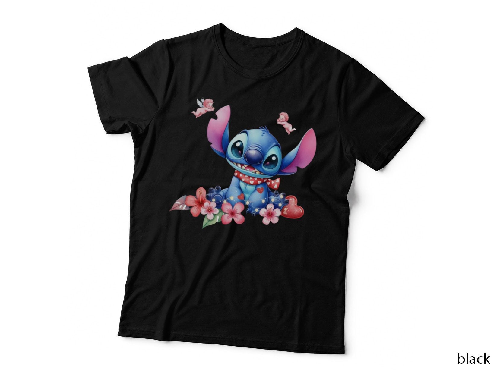 Stitch Cherub Flowers Hearts T-Shirt