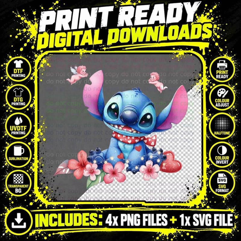 Stitch Cherub Flowers Hearts T-Shirt Png SVG Digital Bundle