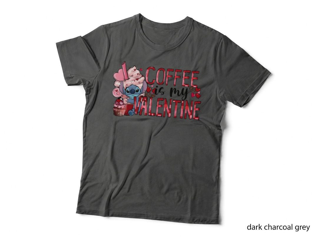 Stitch Coffee Is My Valentine Pink Blue Cupcake Hearts T-Shirt