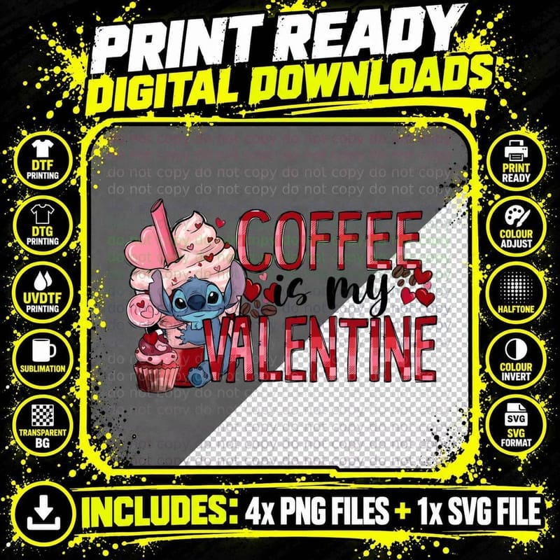 Stitch Coffee Is My Valentine Pink Blue Cupcake Hearts Png SVG Digital Bundle