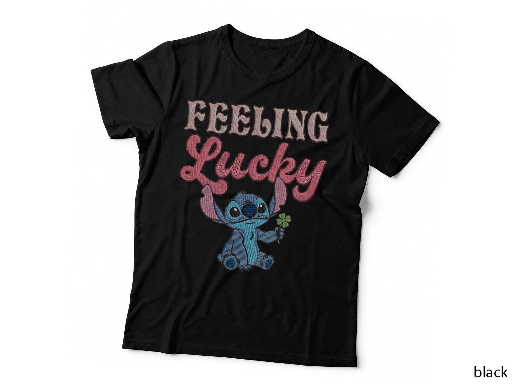 Stitch Feeling Lucky Blue Pink Cursive Hearts Clover T-Shirt