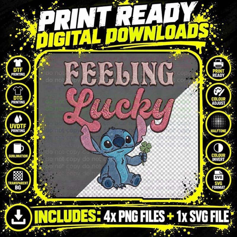 Stitch Feeling Lucky Blue Pink Cursive Hearts Clover Png SVG Digital Bundle
