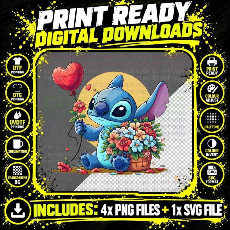 Stitch Flowers Balloon Red Heart T-Shirt Png SVG Digital Bundle