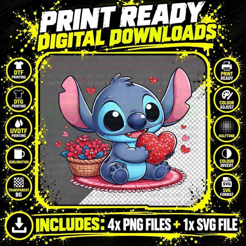 Stitch Flowers Basket Red Heart T-Shirt Png SVG Digital Bundle