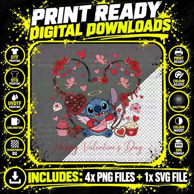Stitch Happy Valentine's Day Angel Cupid Hearts T-Shirt Png SVG Digital Bundle