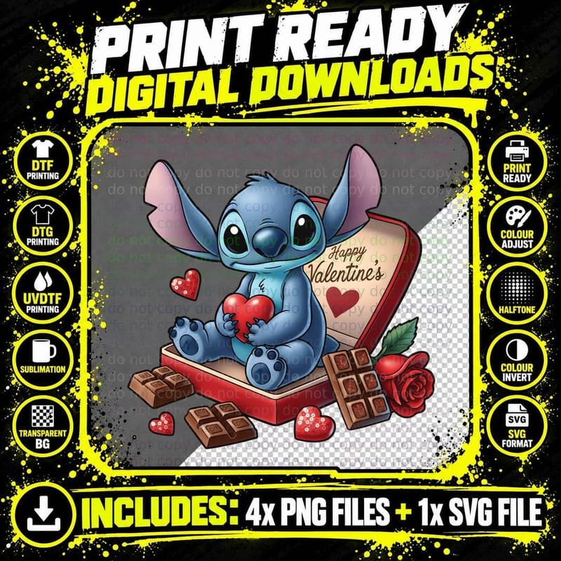 Stitch Happy Valentine's Day Chocolate Rose Heart T-Shirt Png SVG Digital Bundle