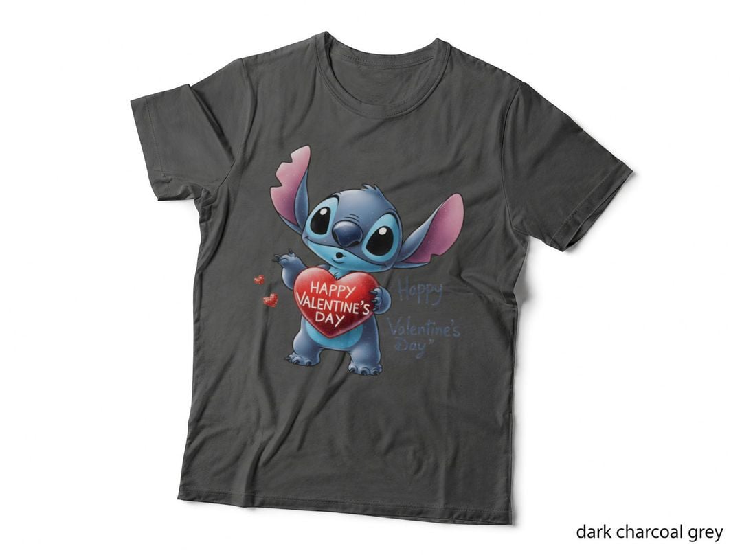 Stitch Happy Valentine's Day Flower Basket Gray T-Shirt