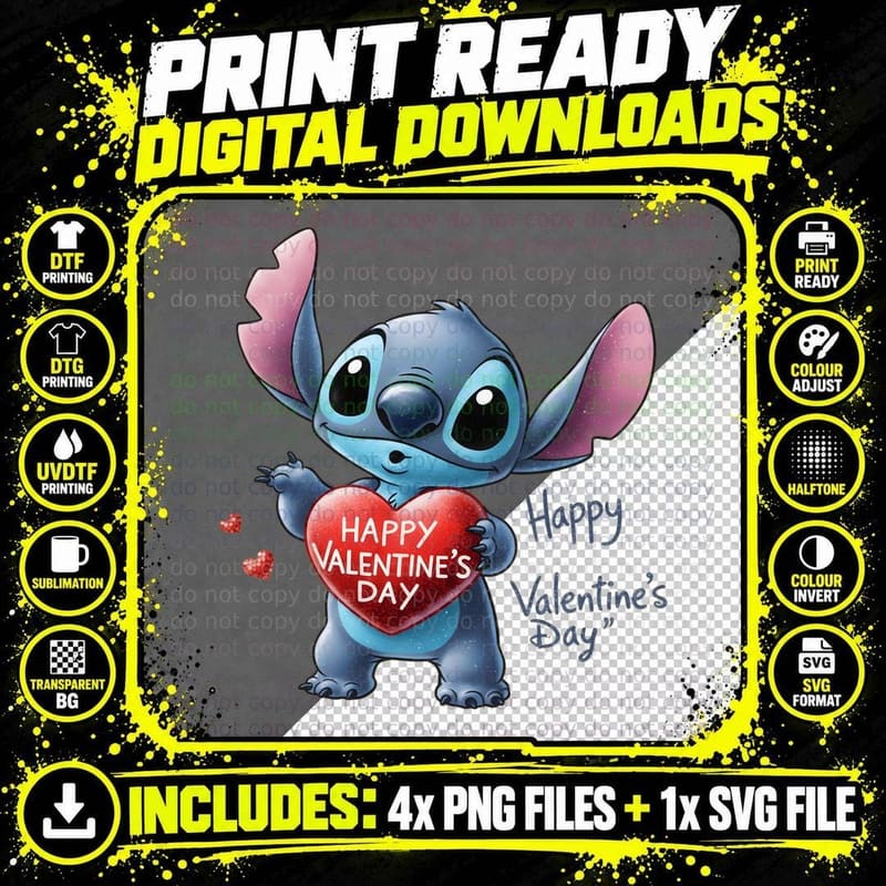 Stitch Happy Valentine's Day Flower Basket Gray T-Shirt Png SVG Digital Bundle