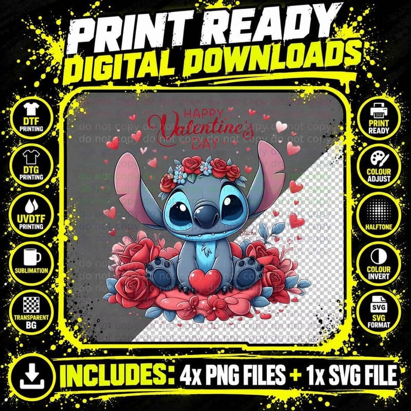 Stitch Happy Valentine's Day Flowers Heart Wreath T-Shirt Png SVG Digital Bundle