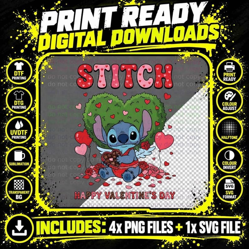 Stitch Happy Valentine's Day Topiary Bush Text T-Shirt Png SVG Digital Bundle
