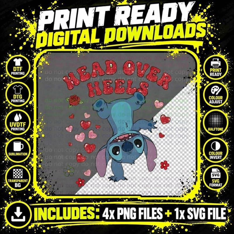 Stitch Head Over Heels Red Pink Upside Down Hearts Png SVG Digital Bundle