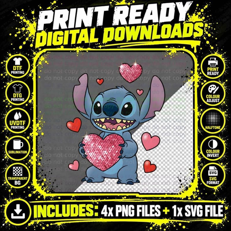 Stitch Holding Pink Heart Sparkle T-Shirt Png SVG Digital Bundle