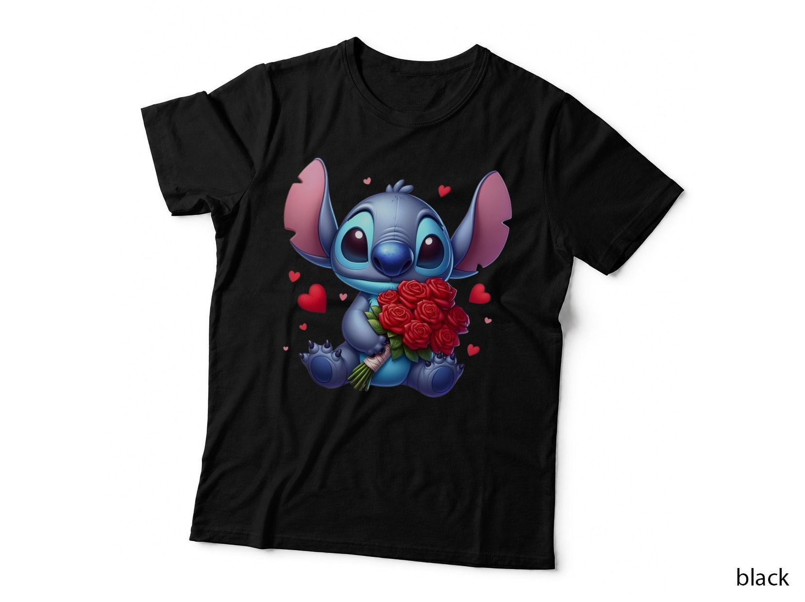Stitch Holding Red Flowers Roses T-Shirt