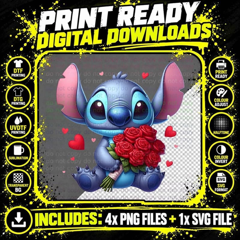 Stitch Holding Red Flowers Roses T-Shirt Png SVG Digital Bundle