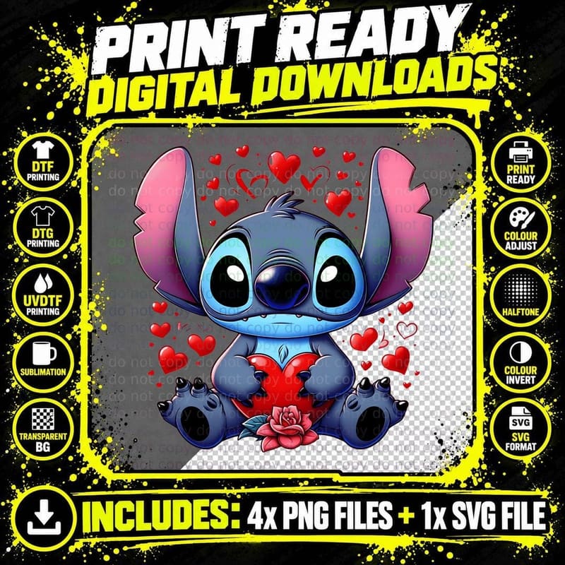 Stitch Holding Red Rose Flower T-Shirt Png SVG Digital Bundle