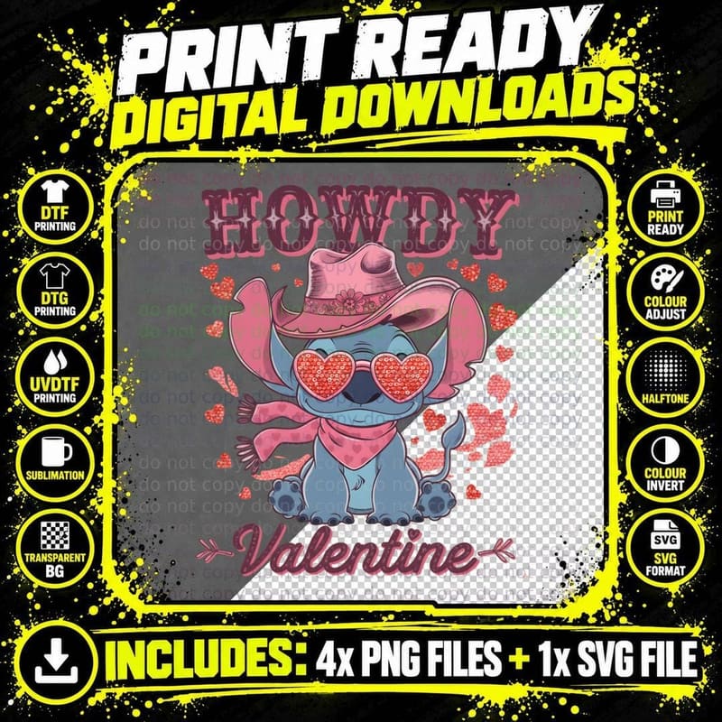 Stitch Howdy Valentine Cowboy Pink Hat T-Shirt Png SVG Digital Bundle