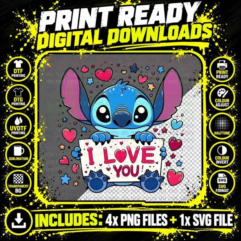 Stitch I Love You Blue Pink Hearts Banner Cute Text Png SVG Digital Bundle