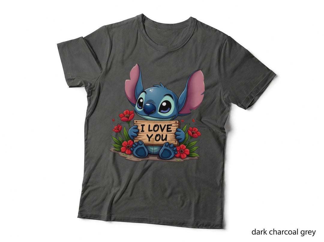 Stitch I Love You Blue Wood Sign Flowers Red T-Shirt