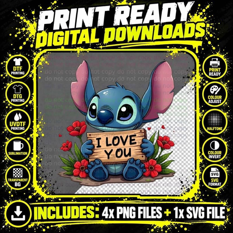 Stitch I Love You Blue Wood Sign Flowers Red T-Shirt Png SVG Digital Bundle