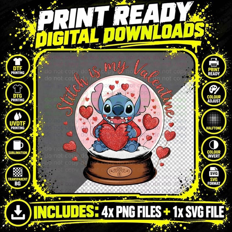 Stitch Is My Valentine Snow Globe Heart T-Shirt Png SVG Digital Bundle