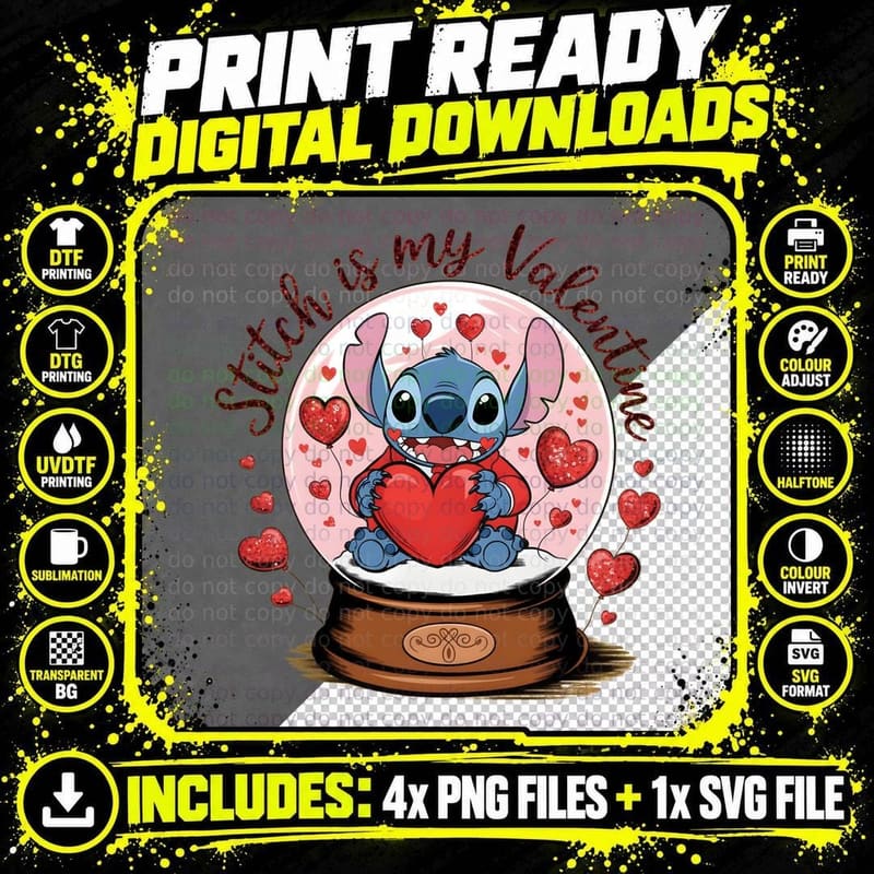 Stitch Is My Valentine Snow Globe Sparkle Heart T-Shirt Png SVG Digital Bundle