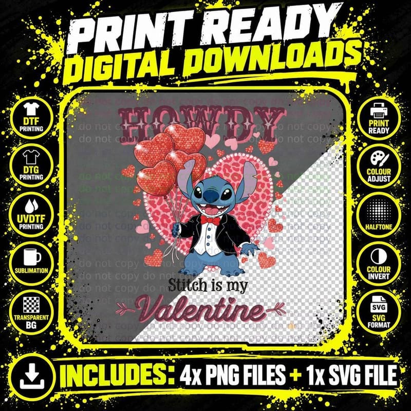 Stitch Is My Valentine Tuxedo Hearts Romantic T-Shirt Png SVG Digital Bundle
