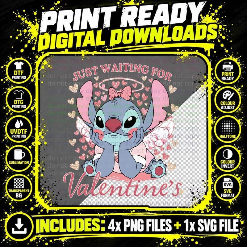 Stitch Just Waiting for Valentine's Angel Wings Hearts Png SVG Digital Bundle