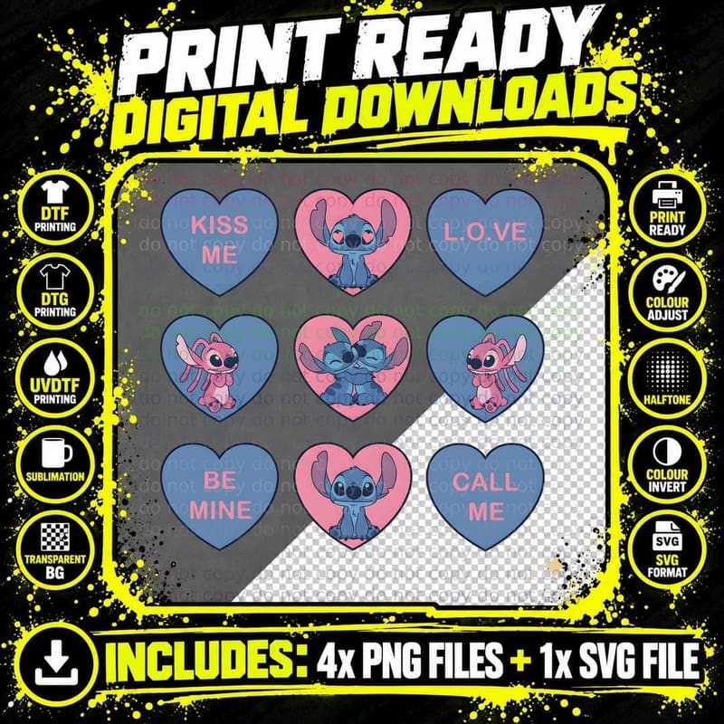 Stitch Kiss Me L.o.ve Be Mine Call Candy Hearts Text Png SVG Digital Bundle