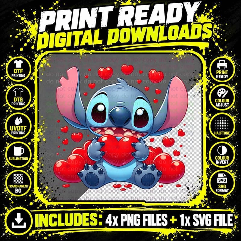 Stitch Large Red Hearts Splash T-Shirt Png SVG Digital Bundle