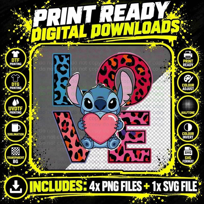 Stitch Love Blue Leopard Pink Heart Glitter Text T-Shirt Png SVG Digital Bundle