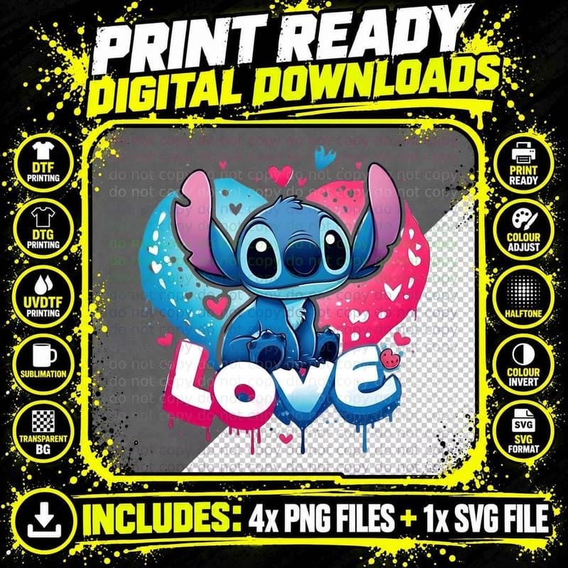 Stitch Love Blue Pink Heart Splash Graffiti Paint T-Shirt Png SVG Digital Bundle