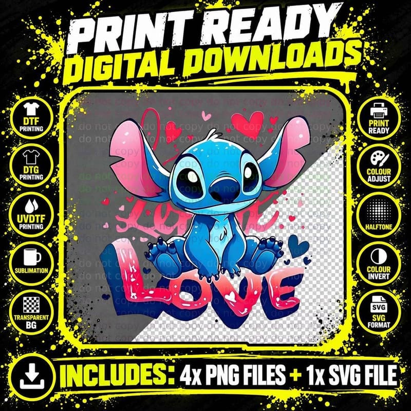 Stitch Love Blue Pink Watercolor Hearts Romantic Drip Png SVG Digital Bundle