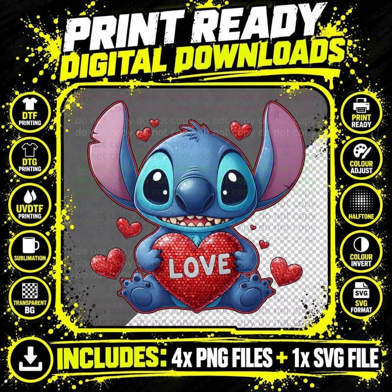 Stitch Love Holding Red Glitter Heart T-Shirt Png SVG Digital Bundle
