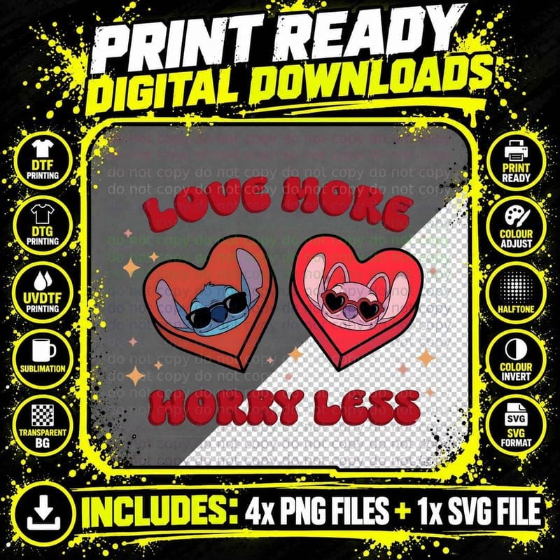 Stitch Love More Worry Less Red Pink Blue Hearts Sparkle Png SVG Digital Bundle