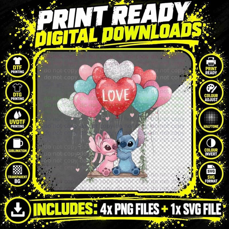 Stitch Love Pink Blue Balloons Hearts Romantic T-Shirt Png SVG Digital Bundle