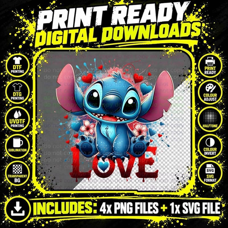 Stitch Love Splatter Red Pink Paint T-Shirt Png SVG Digital Bundle
