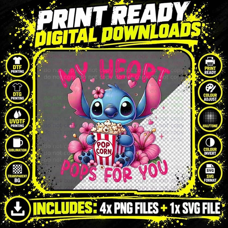 Stitch My Heart Pops for You Pink Blue Popcorn Romantic Png SVG Digital Bundle