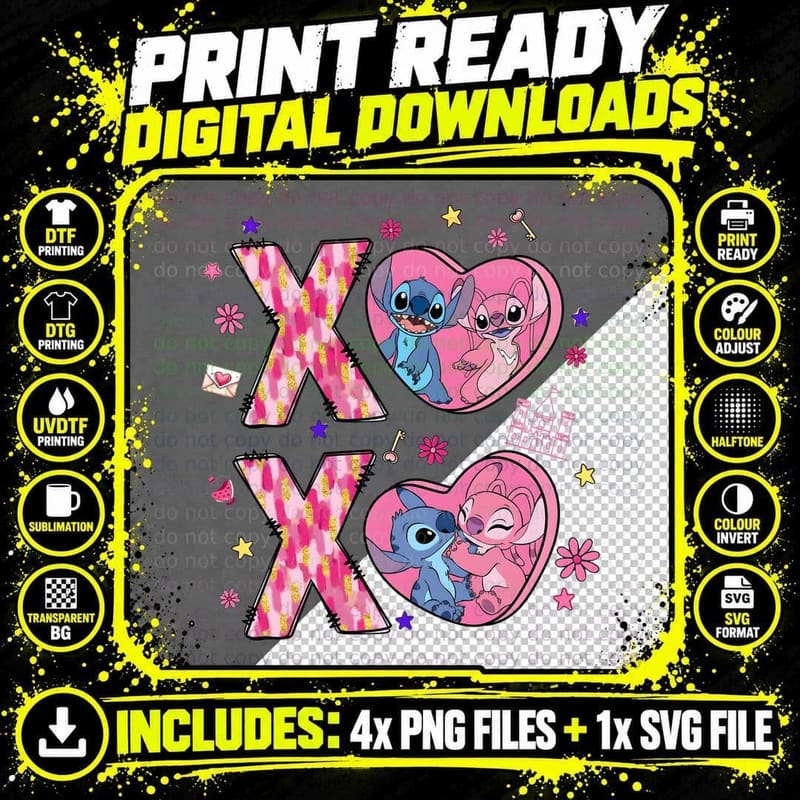 Stitch Pink Hearts Stitched Pattern X O T-Shirt Png SVG Digital Bundle