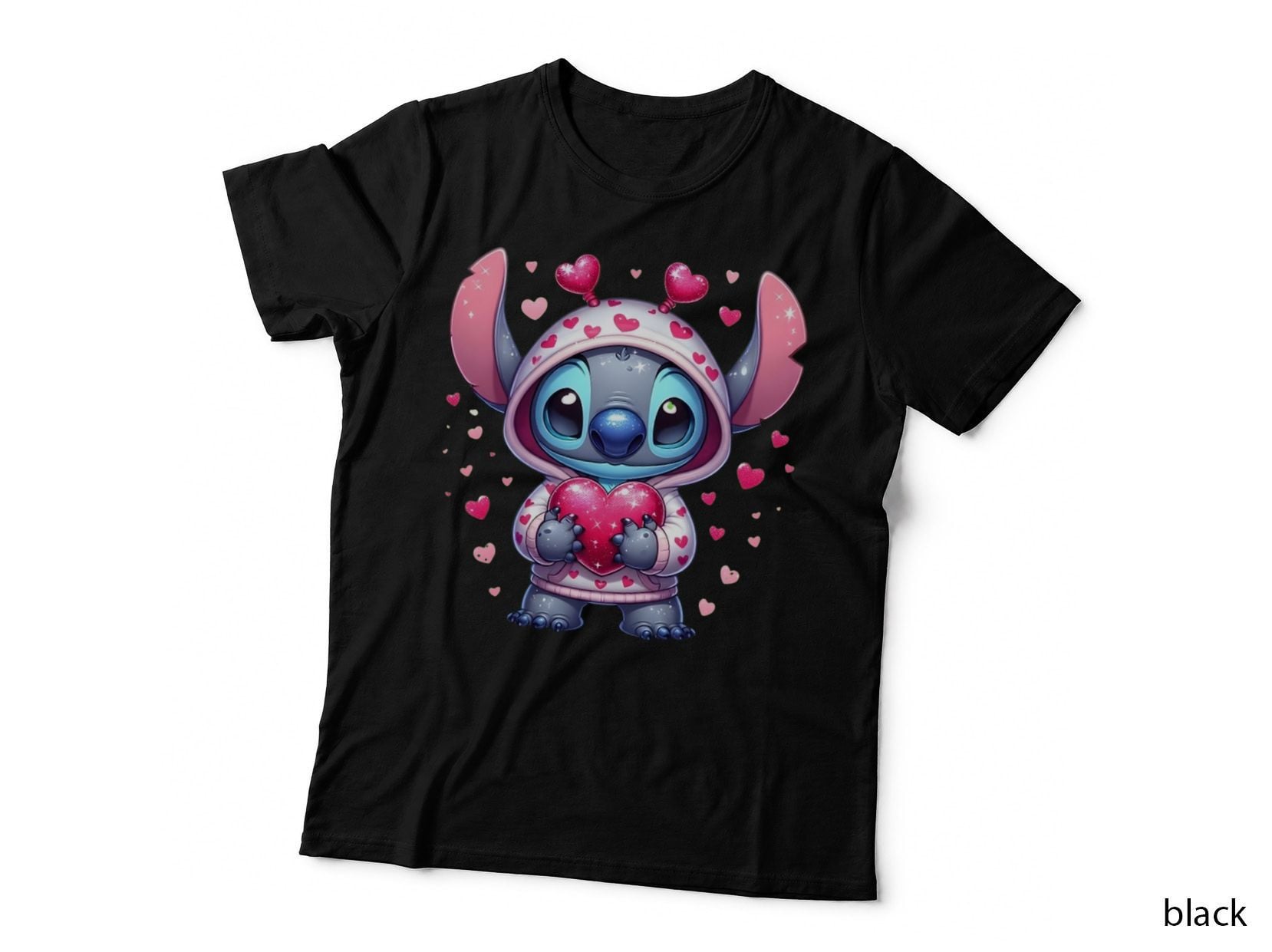 Stitch Pink White Blue Hooded Hood Hearts T-Shirt