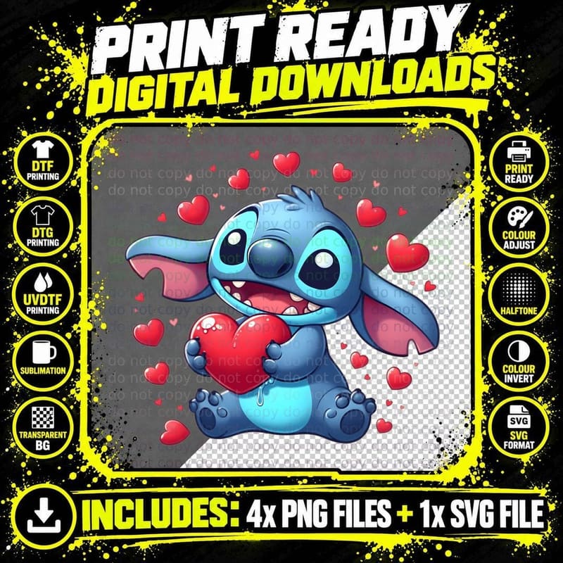 Stitch Red Hearts Emotion Sad T-Shirt Png SVG Digital Bundle