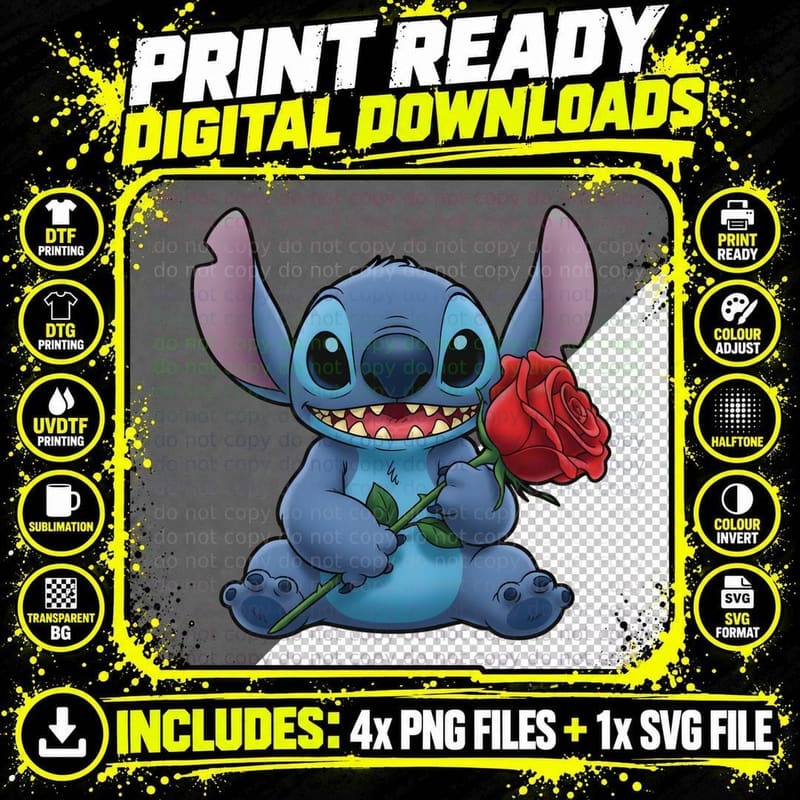 Stitch Red Rose Romantic Flower T-Shirt Png SVG Digital Bundle