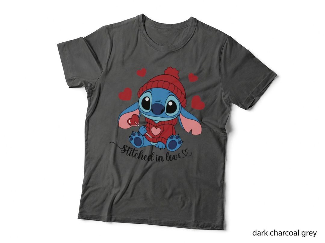 Stitch Stitched in Love Blue Red Pink Sweater Heart Text T-Shirt
