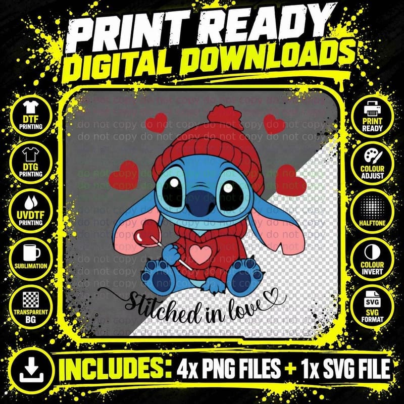 Stitch Stitched in Love Blue Red Pink Sweater Heart Text Png SVG Digital Bundle