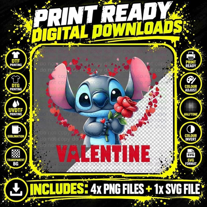 Stitch Valentine Blue Rose Red Sparkle Romantic Flower Png SVG Digital Bundle