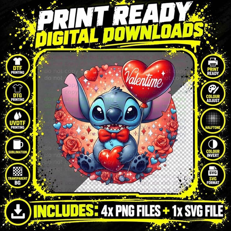 Stitch Valentine Heart Red Sparkle Magic T-Shirt Png SVG Digital Bundle