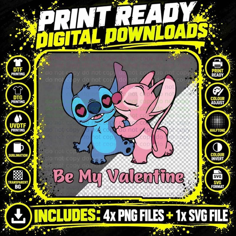 Stitch and Angel Be My Valentine Blue Pink Aliens Png SVG Digital Bundle