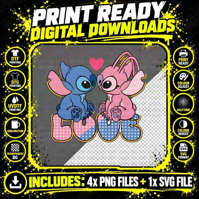 Stitch and Angel Blue Pink Aliens Gold Necklace T-Shirt Png SVG Digital Bundle