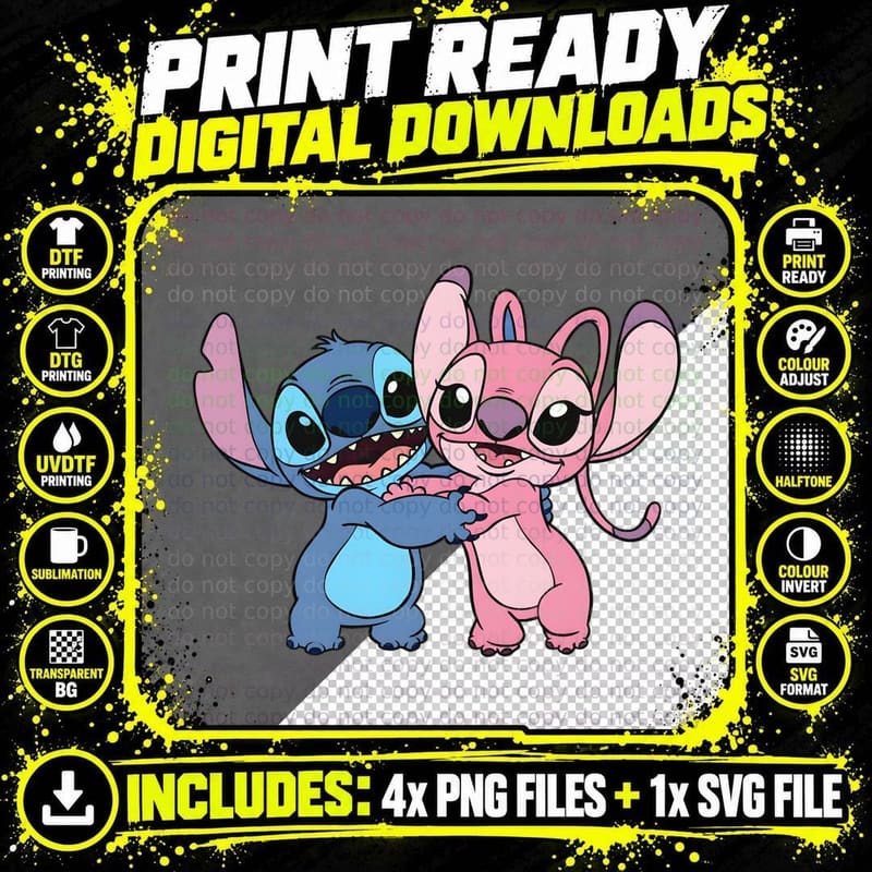 Stitch and Angel Blue Pink Aliens Hugging Together Png SVG Digital Bundle