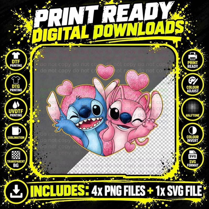 Stitch and Angel Checkered Pattern Hearts T-Shirt Png SVG Digital Bundle