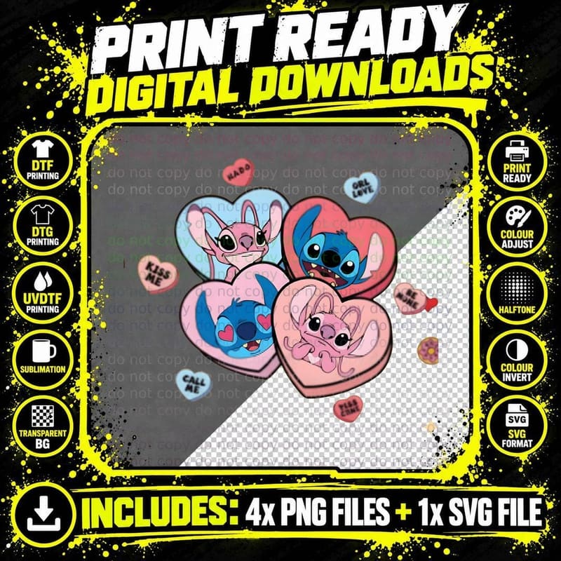 Stitch and Angel Conversation Hearts Candies Blue Pink Png SVG Digital Bundle